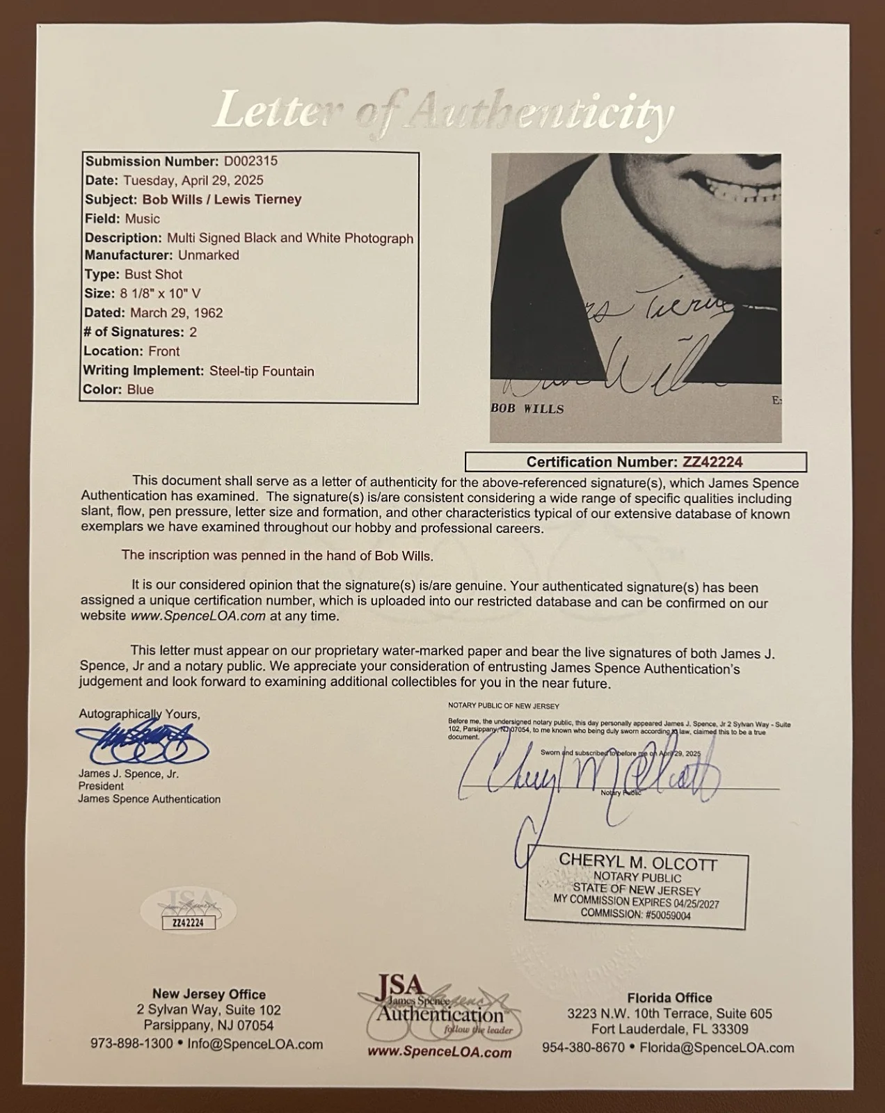 1962 ORIGINAL BOB WILLS (d. 1975) and LEWIS TIERNEY (d. 1964) SIGNED AUTO - PSA!, изображение 3