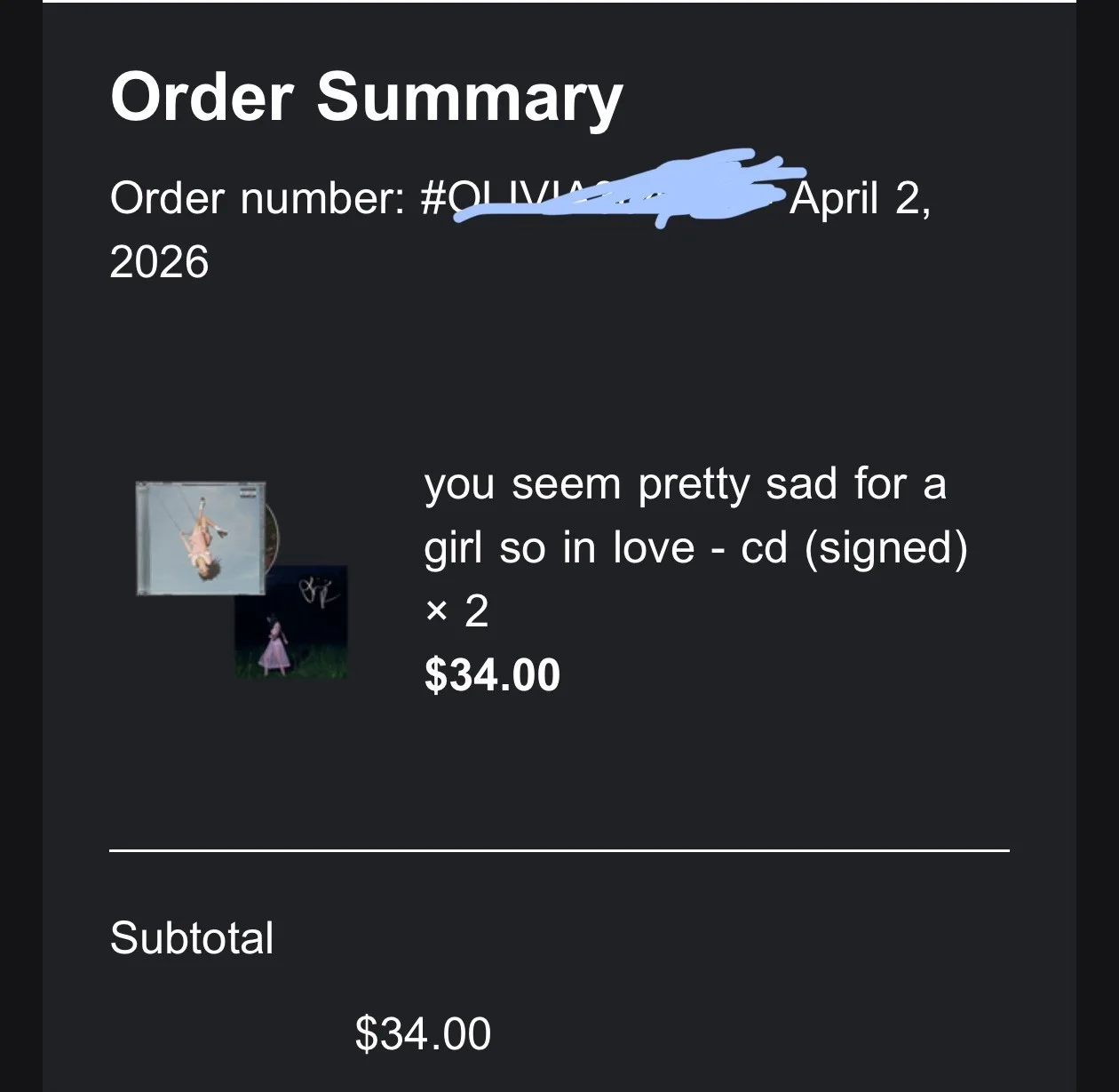SIGNED Olivia Rodrigo CD - You Seem Pretty Sad For A Girl So In Love PRESALE, изображение 2