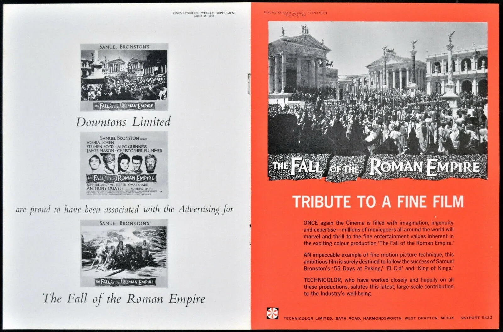 FALL OF THE ROMAN EMPIRE 1964 Sophia Loren, Stephen Boyd TRADE ADVERT, изображение 2