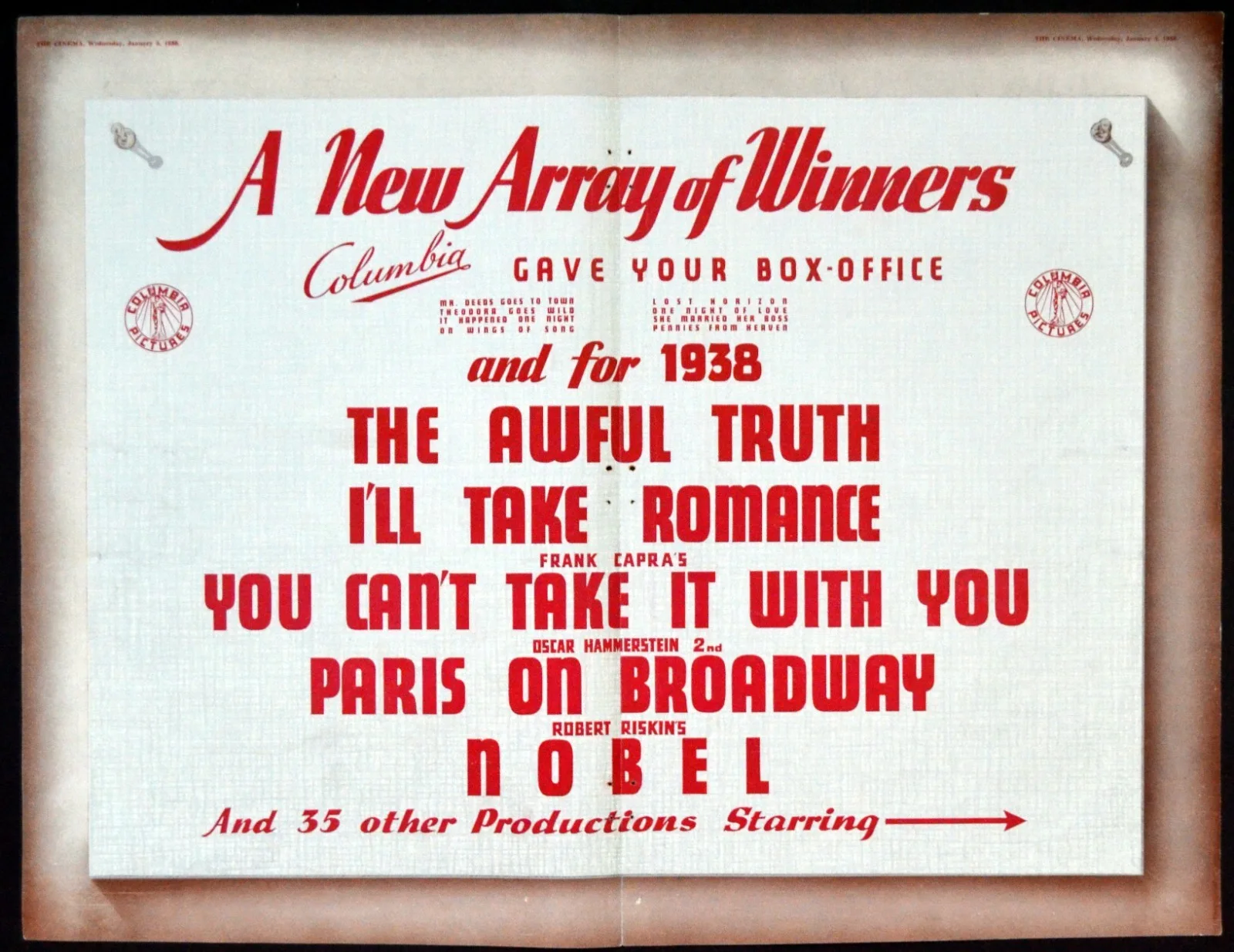 COLUMBIA PICTURES 1938 You Can’t Take It With You TRADE ADVERT, изображение 2