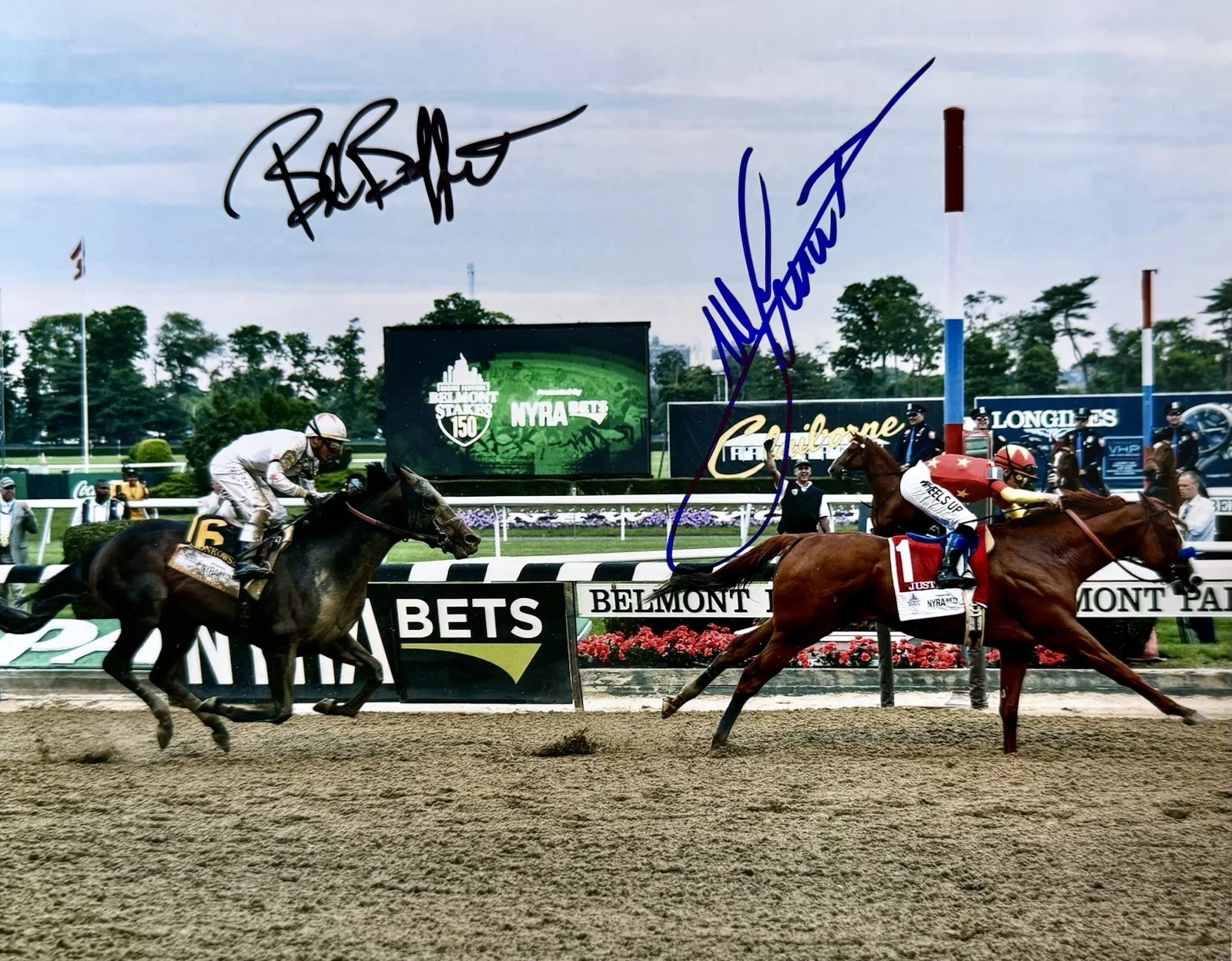 Bob Baffert & Mike Smith — BOB BAFFERT & MIKE SMITH HAND SIGNED 8X10 JUSTIFY WINS THE TRIPLE CROWN BELMONT