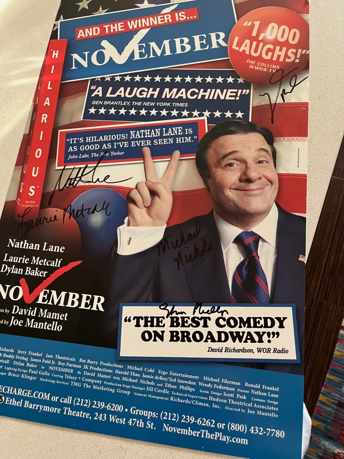 Nathan Lane, Laurie Metcalf, Dylan Baker — David Mamet's NOVEMBER - Mint Condition Signed Poster, Nathan Lane + Cast