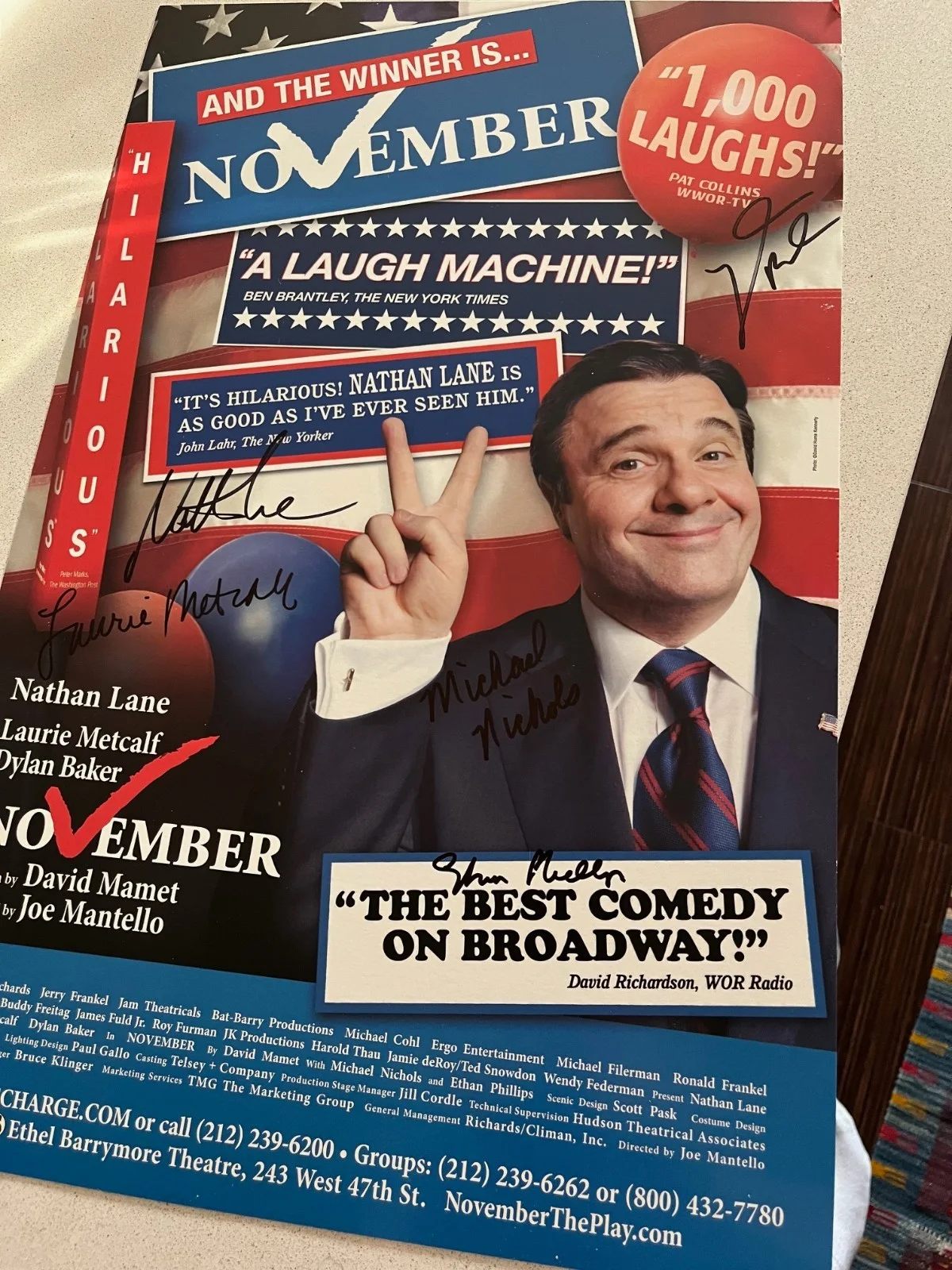 Nathan Lane, Laurie Metcalf, Dylan Baker — David Mamet's NOVEMBER - Mint Condition Signed Poster, Nathan Lane + Cast, image 4