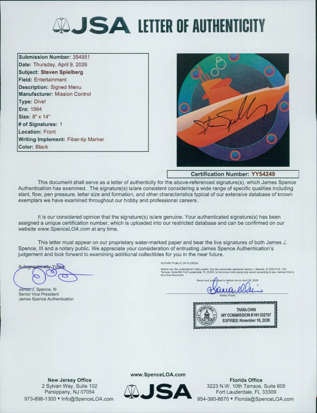 Steven Spielberg — Steven Spielberg Director Signed Dive Restaurant Menu JSA Authenticated, image 4