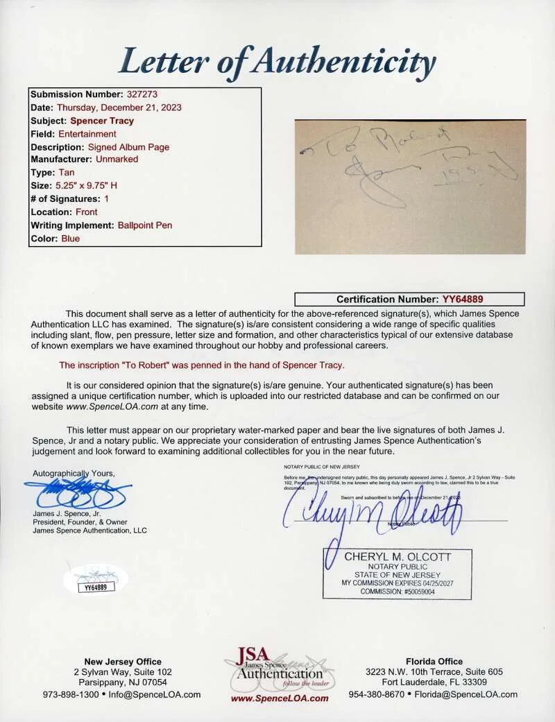 Spencer Tracy — Spencer Tracy JSA LOA Signed Vintage Album Page Autograph, изображение 2