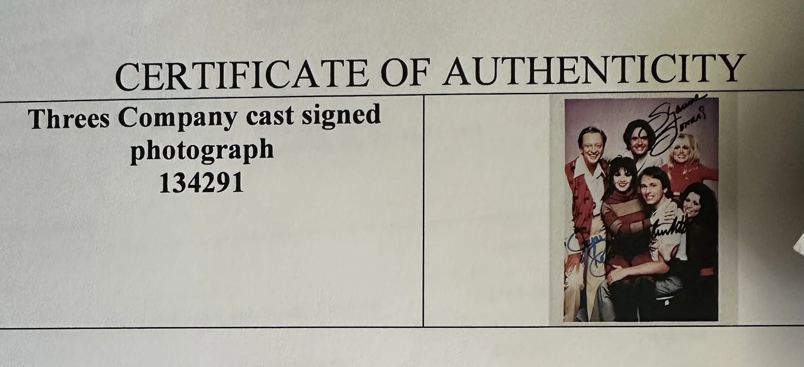 Three's Company Photo Signed By John Ritter, Suzanne Somers and Joyce Dewitt, image 2