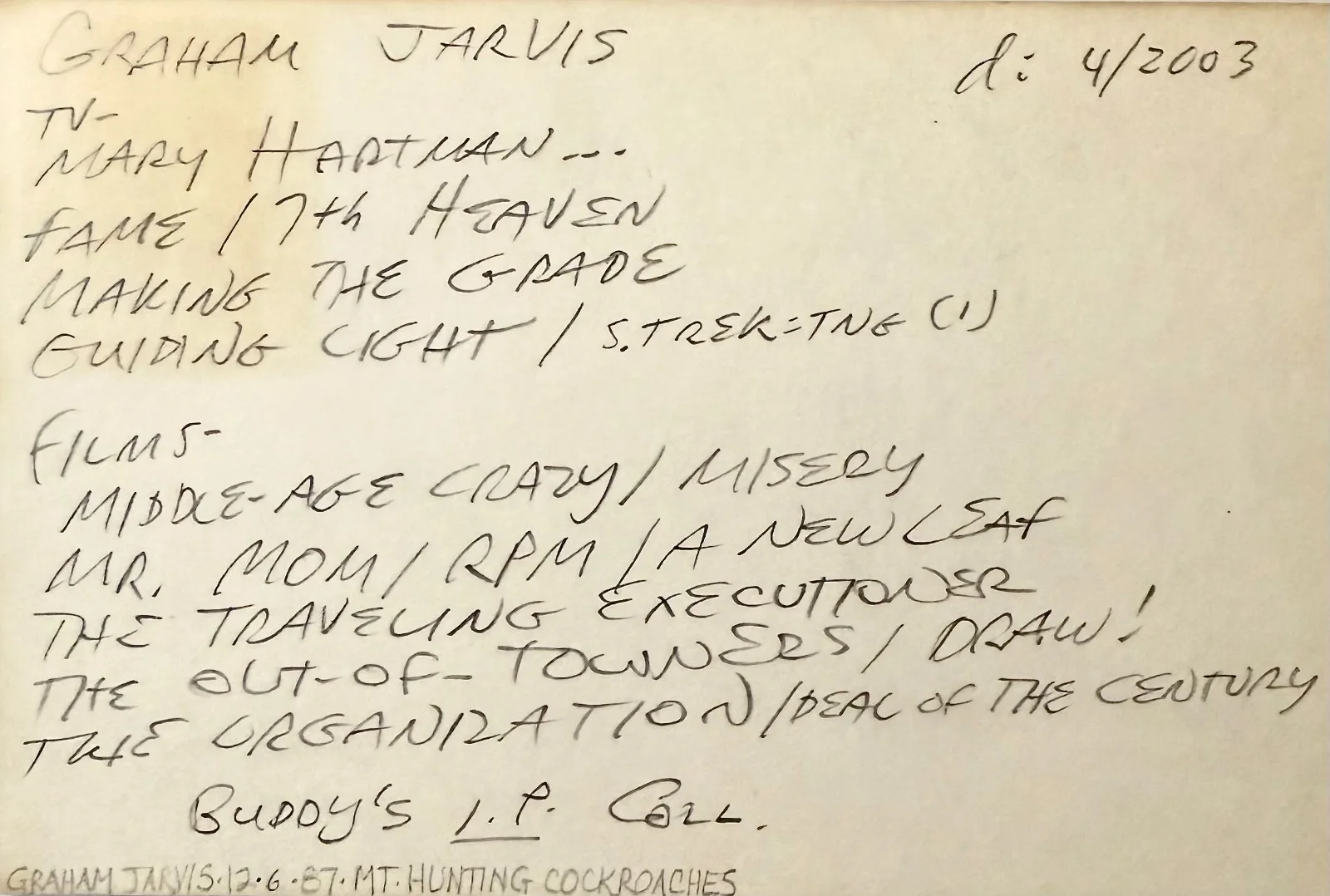 Graham Jarvis — GRAHAM JARVIS Autographed Signed 4"x 6" INDEX CARD Prophecy Vanishing Act MISERY, изображение 2