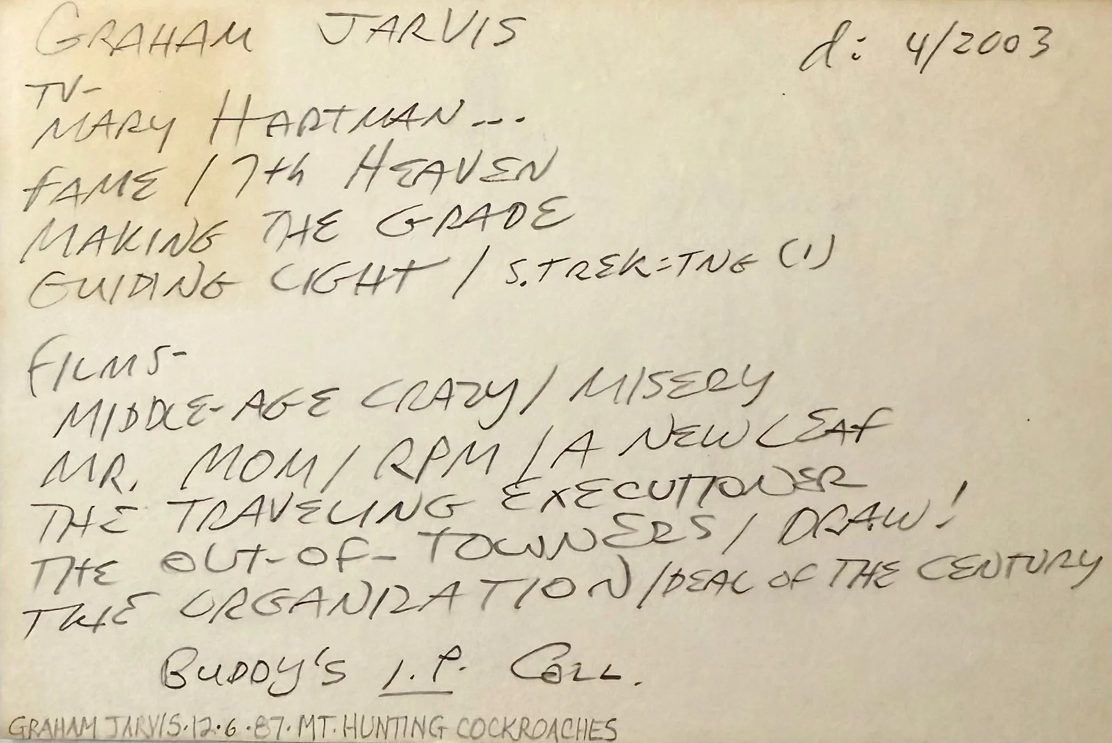 Graham Jarvis — GRAHAM JARVIS Autographed Signed 4"x 6" INDEX CARD Prophecy Vanishing Act MISERY, изображение 4