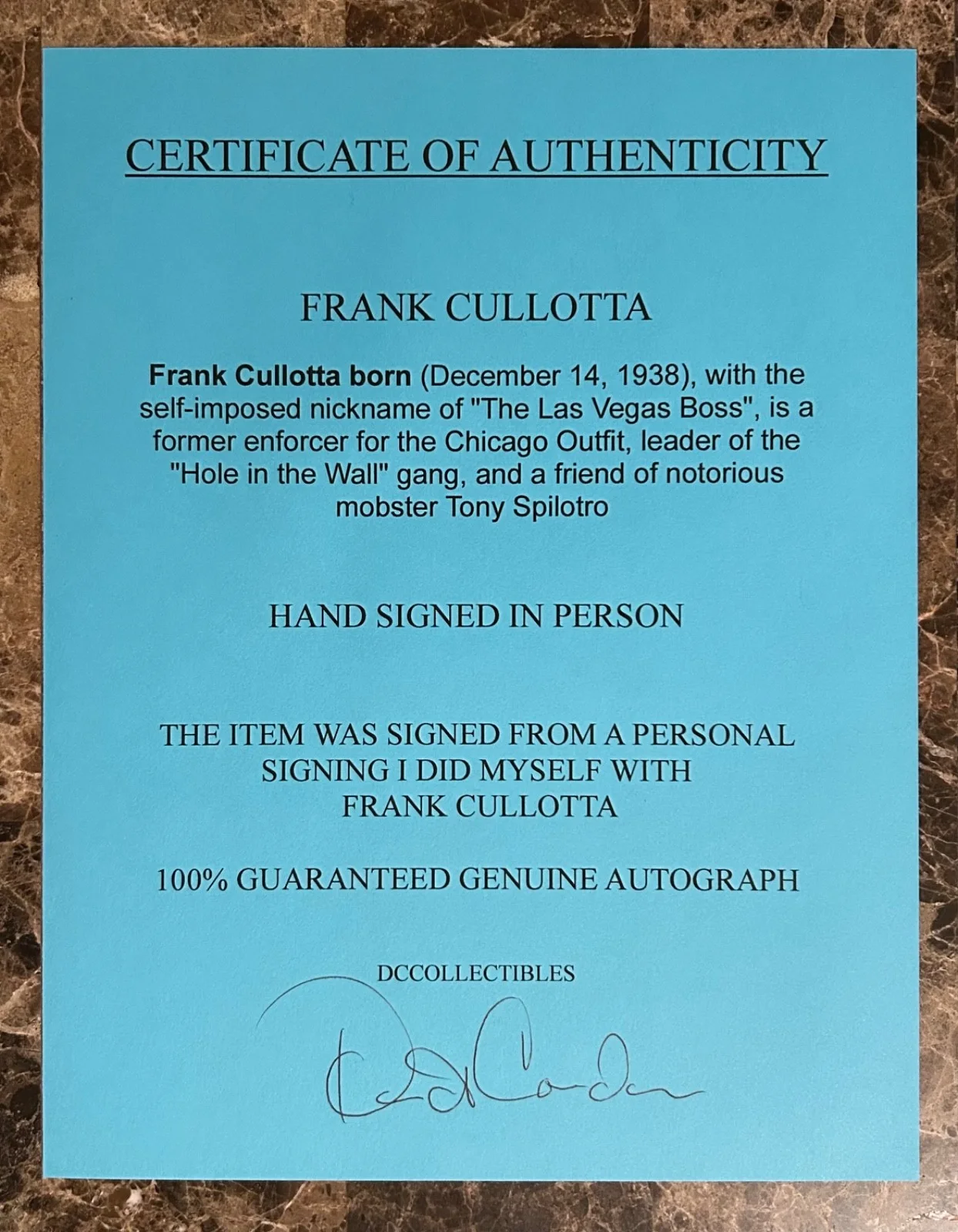 Frank Cullotta — FRANK CULLOTTA AUTOGRAPHED 8.5x11 PHOTO SIGNED AUTO CHICAGO MAFIA CASINO COA, image 4