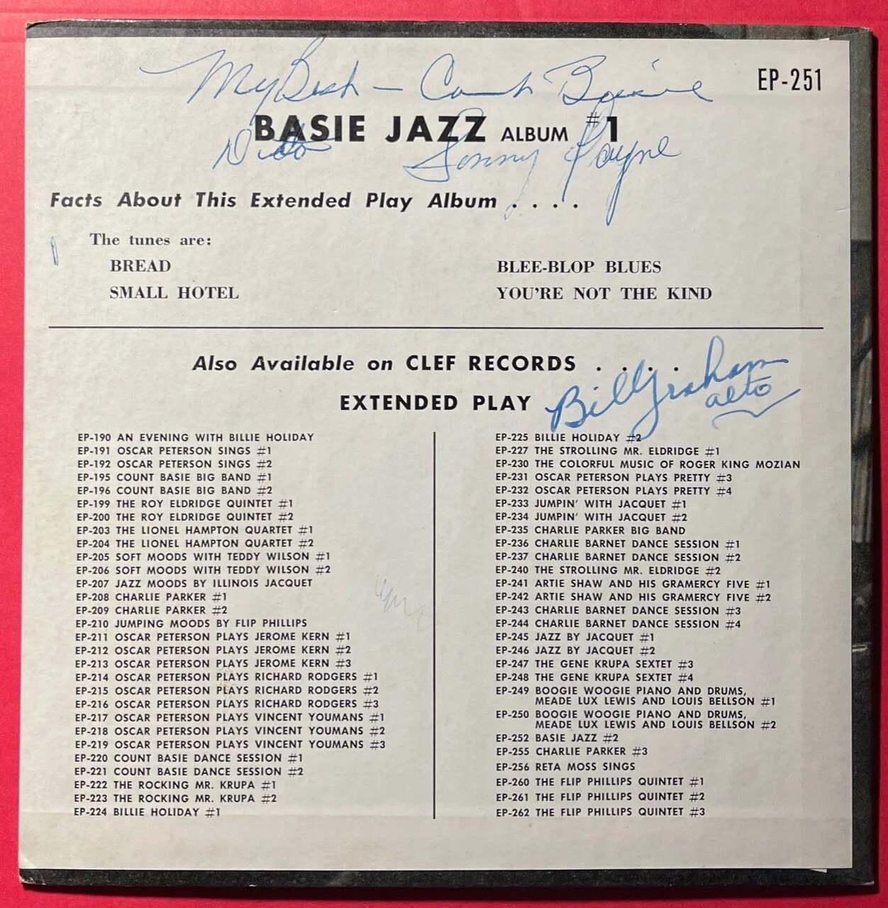 COUNT BASIE SONNY PAYNE & BILL GRAHAM AUTOGRAPHED HAND SIGNED CLEF JAZZ EP-251, изображение 2