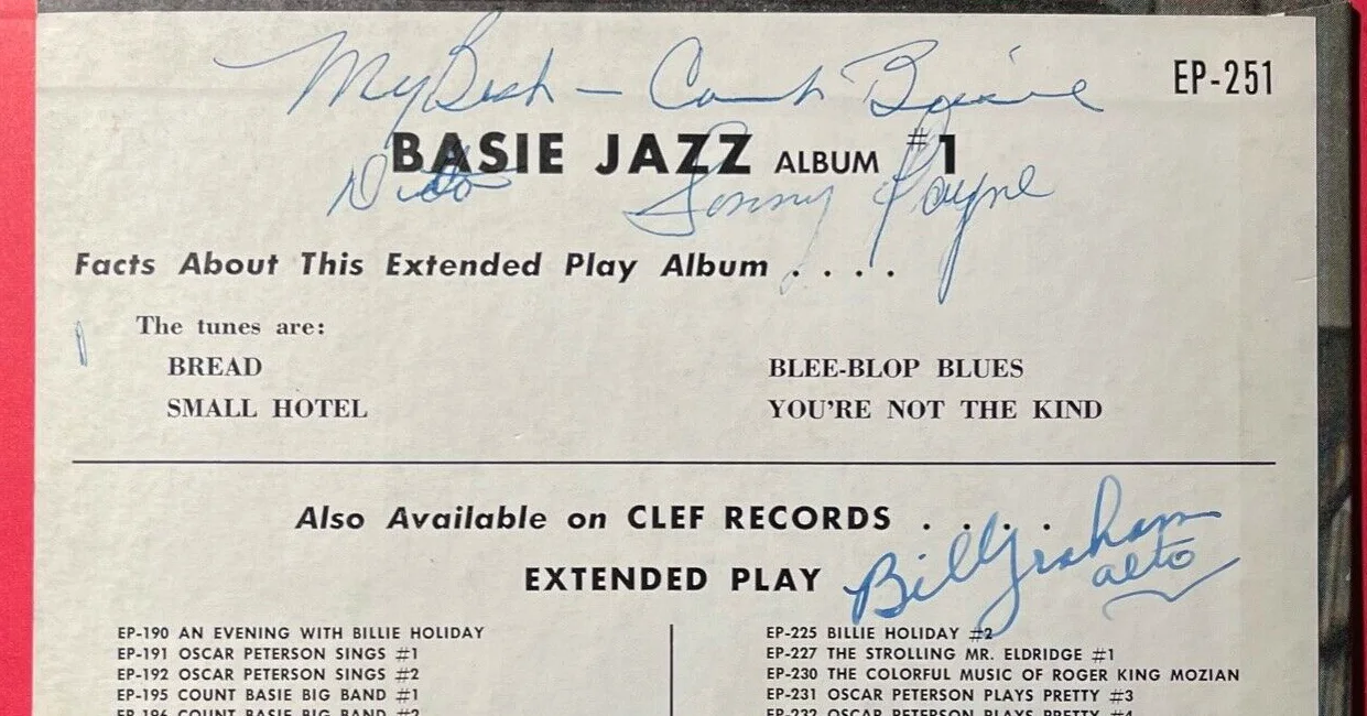 COUNT BASIE SONNY PAYNE & BILL GRAHAM AUTOGRAPHED HAND SIGNED CLEF JAZZ EP-251, изображение 4