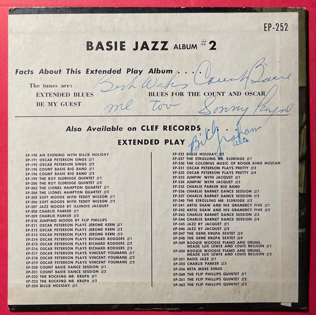 COUNT BASIE SONNY PAYNE & BILL GRAHAM AUTOGRAPHED / HAND SIGNED CLEF JAZZ EP-252, изображение 2