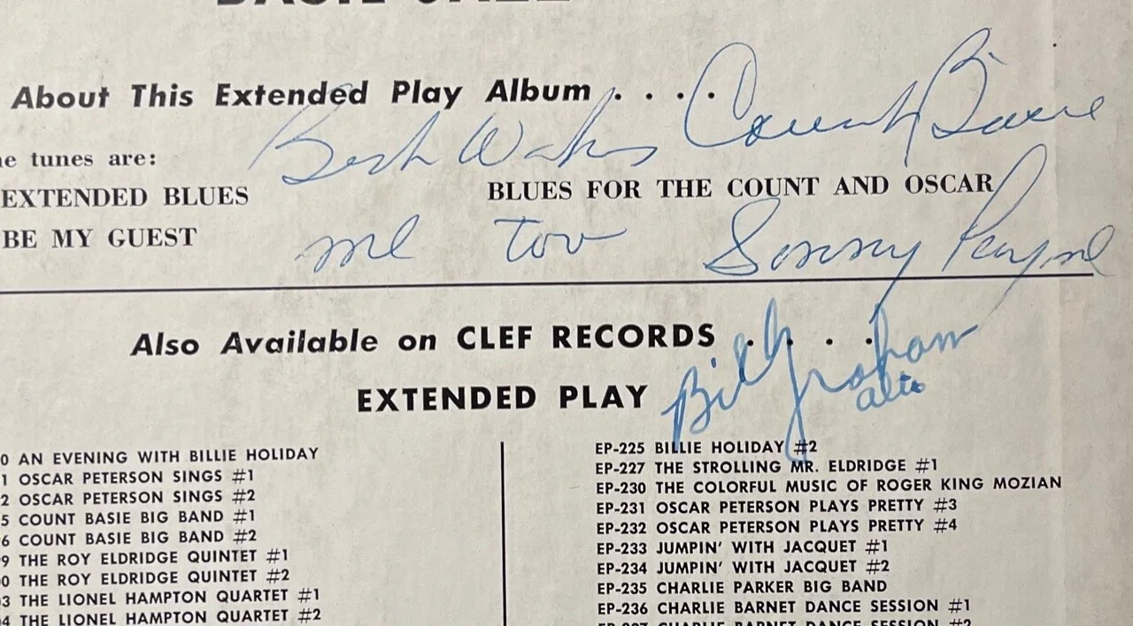COUNT BASIE SONNY PAYNE & BILL GRAHAM AUTOGRAPHED / HAND SIGNED CLEF JAZZ EP-252, изображение 4