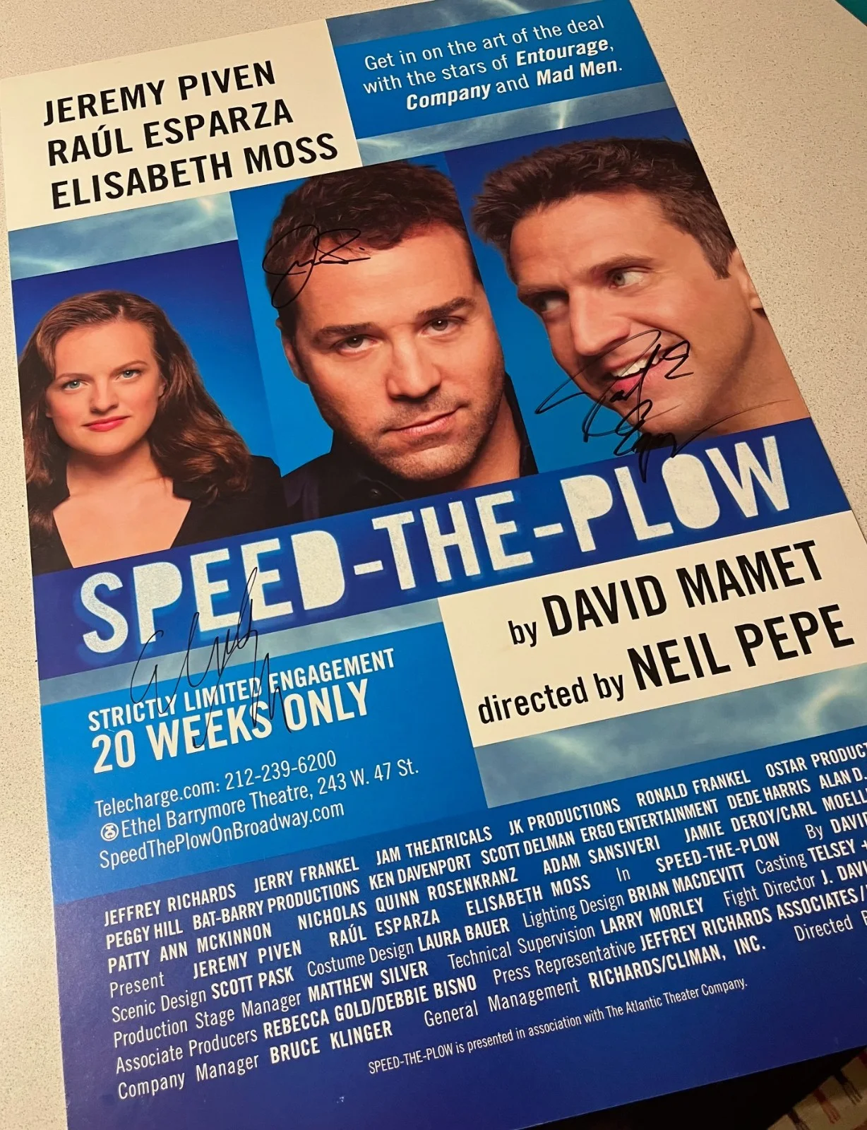 Jeremy Piven, Raul Esparza, Elisabeth Moss — Rare SPEED-THE-PLOW 2008 Broadway - Signed Poster (Piven, Moss, Esparza), image 5