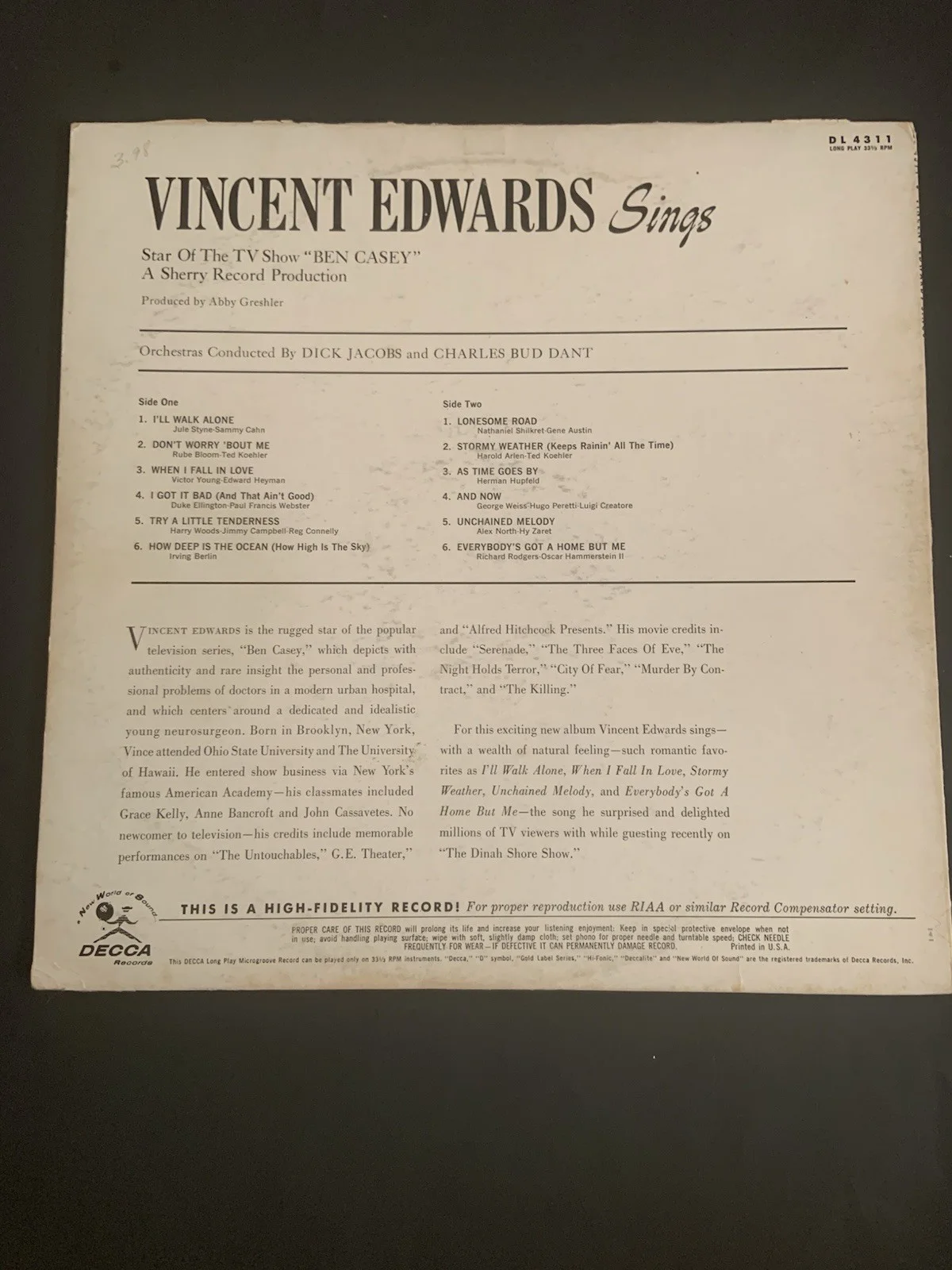 Vincent Edwards Sings signed record, image 2