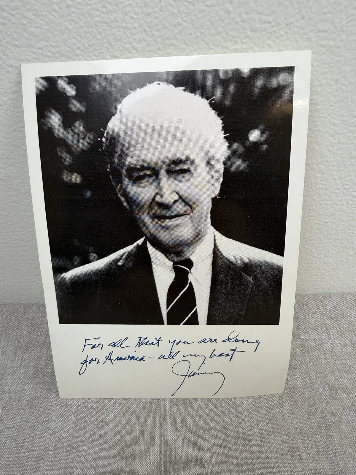 Jimmy Stewart — Jimmy Stewart Photo Inscription & Autograph Signed Jimmy 5X7 "...For America"