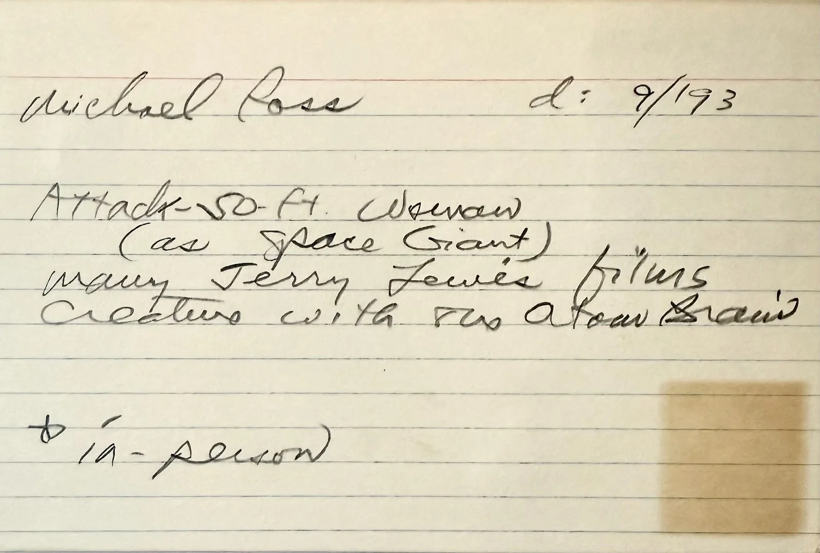 Michael Ross — MICHAEL ROSS Autograph Signed 4x6 INDEX CARD Attack of the 50 Foot Woman D.O.A., изображение 2