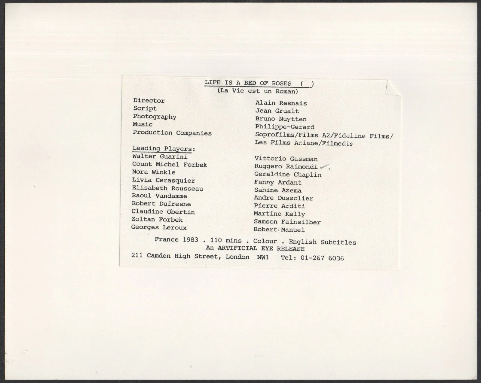 LIFE IS A BED OF ROSES 1983 Alain Resnais, Ruggero Raimondi 10x8 STILL, изображение 2