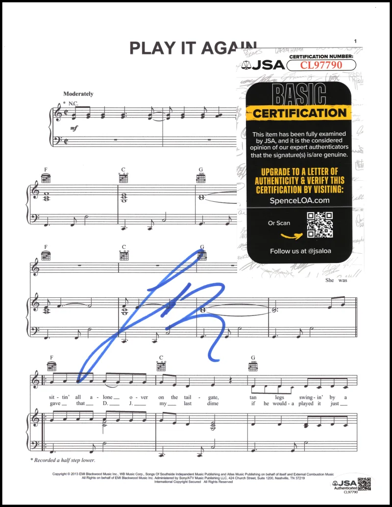 Luke Bryan — Luke Bryan Signed Autograph Play It Again Sheet Music - Crash My Party JSA COA, изображение 2