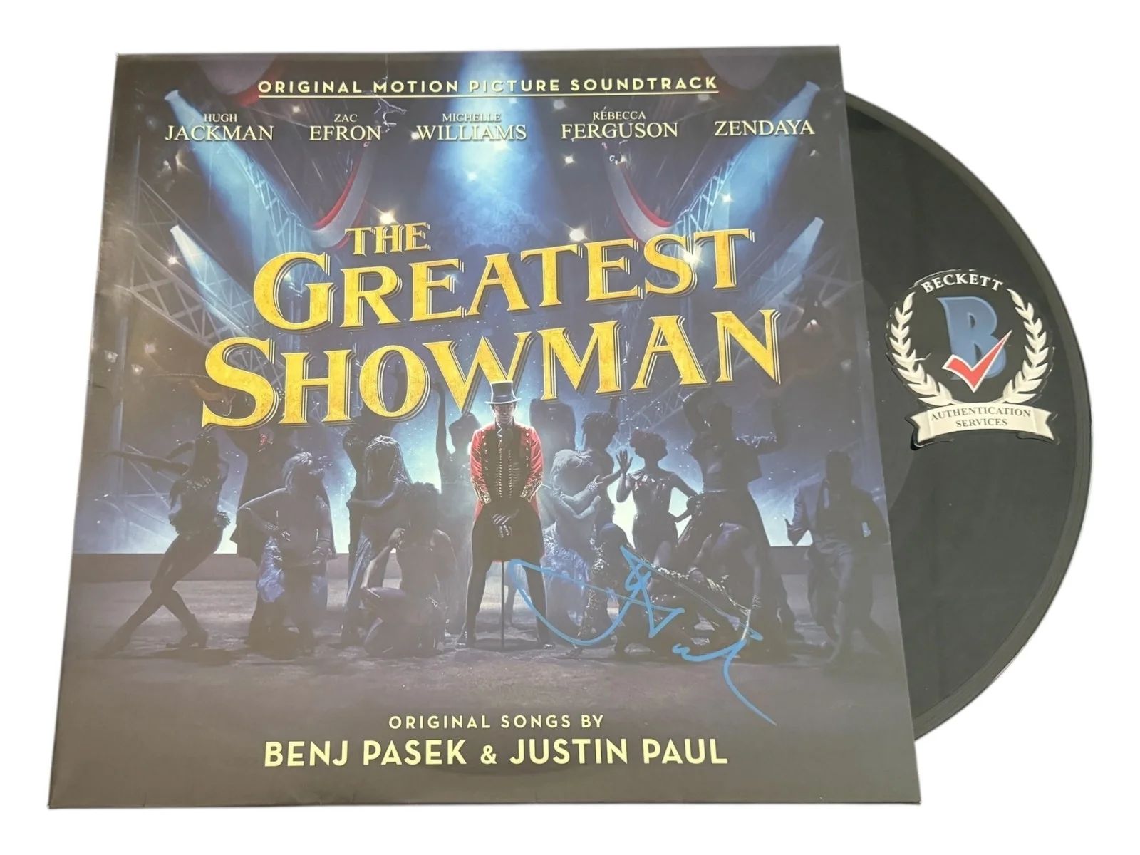 HUGH JACKMAN — HUGH JACKMAN SIGNED AUTOGRAPH VINYL ALBUM THE GREATEST SHOWMAN BECKETT BAS