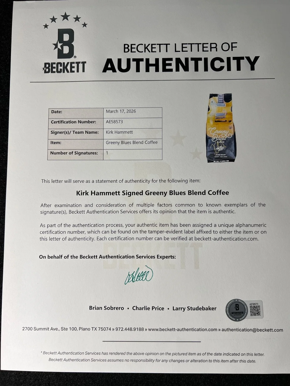 Kirk Hammett Signed Autographed Green Blues Coffee Sealed Metallica Beckett COA, image 5