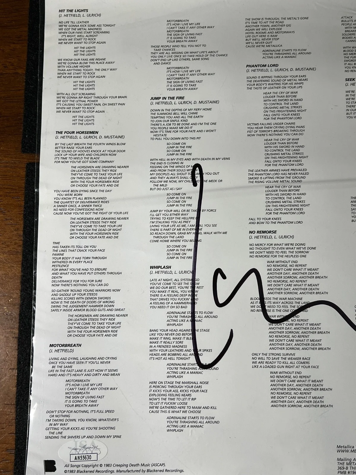 Lars Ulrich Signed Autographed Kill Em All Album Lyric Sheet Metallica JSA COA, image 5