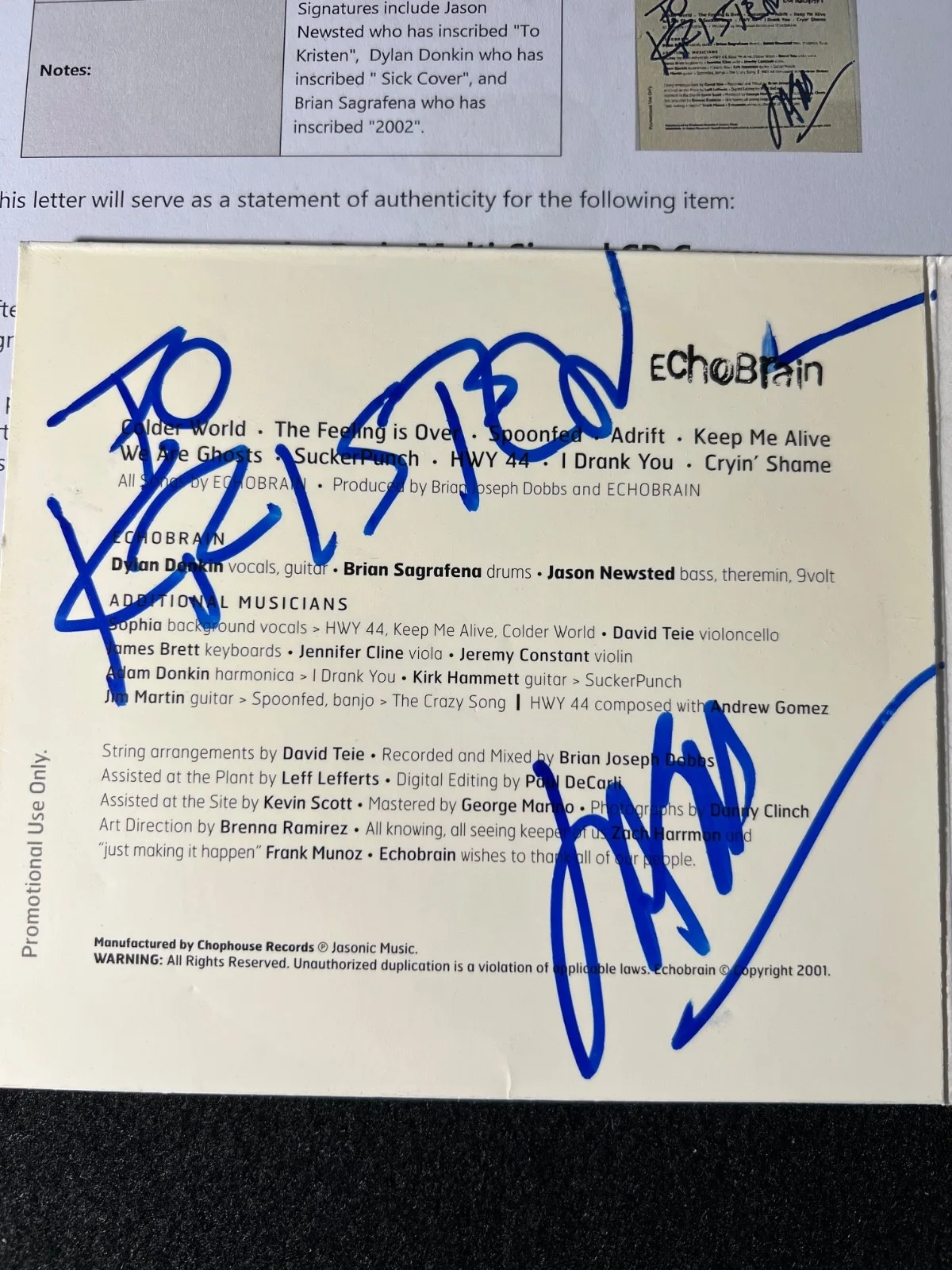 Jason Newsted Signed Autographed CD Cover Echobrain Metallica Beckett COA, image 2