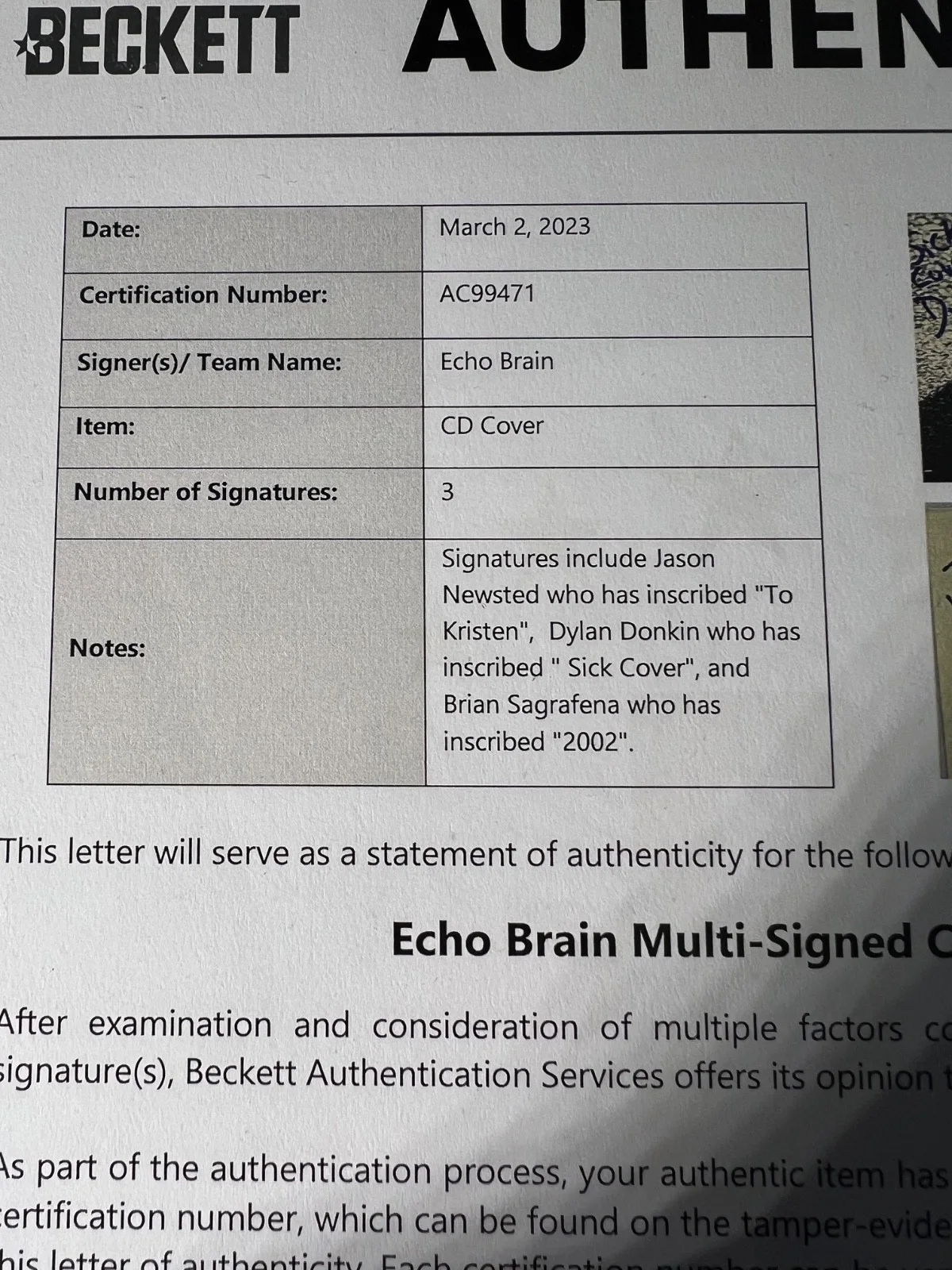 Jason Newsted Signed Autographed CD Cover Echobrain Metallica Beckett COA, image 5
