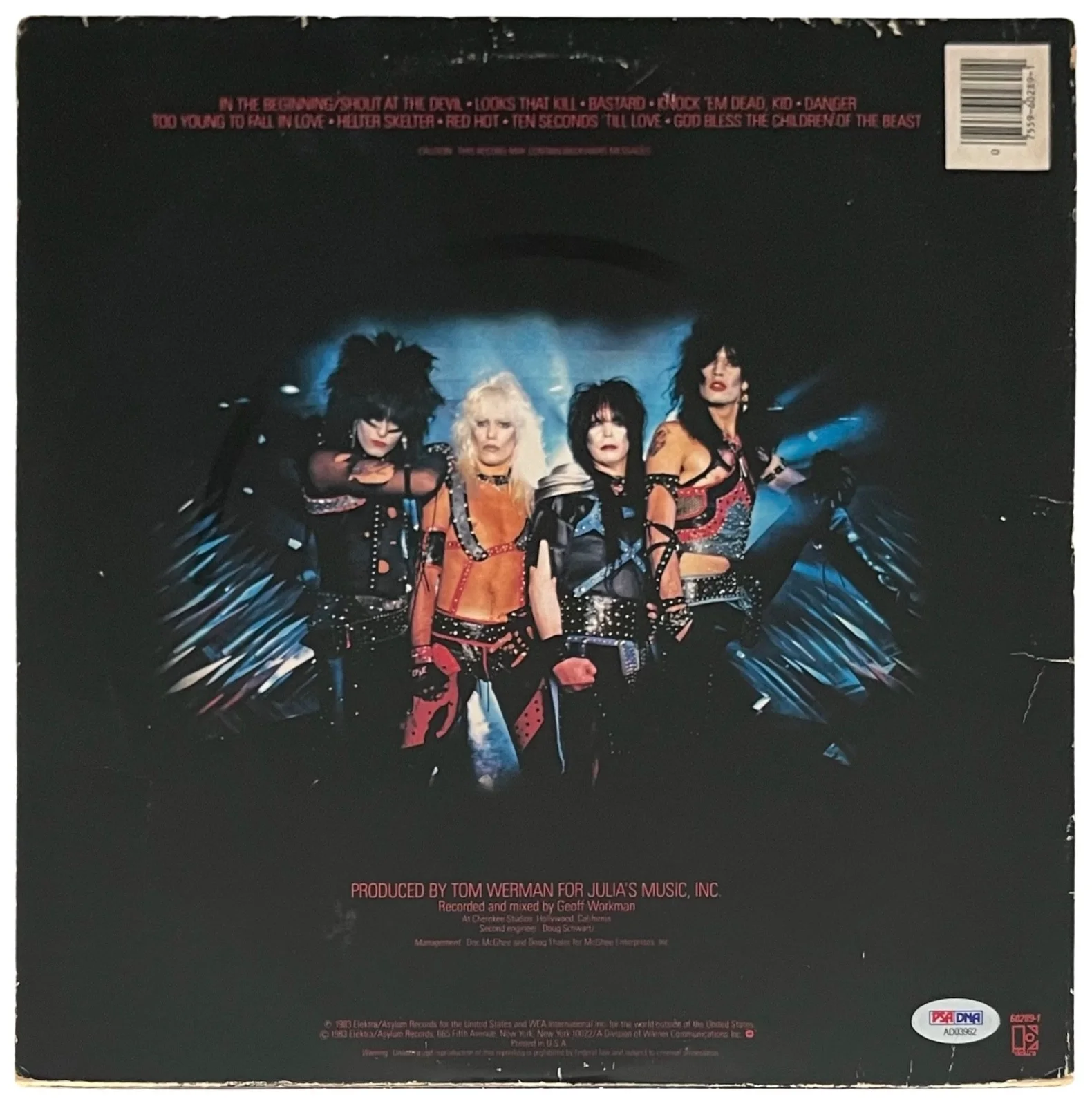 MOTLEY CRUE X4 TOMMY VINCE NIKKI & MICK SIGNED SHOUT AT THE DEVIL RECORD PSA LOA, image 2