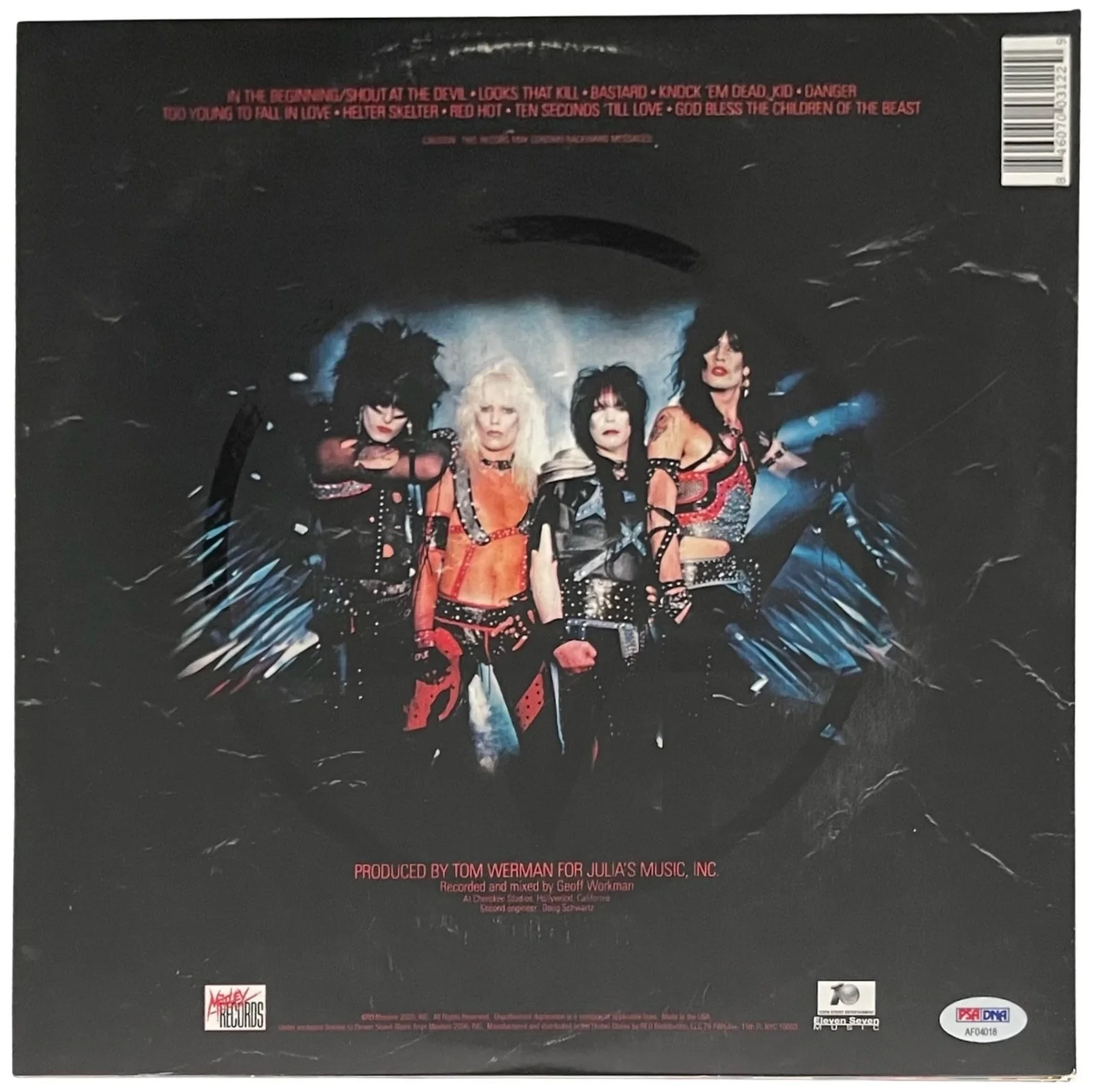 MOTLEY CRUE X4 TOMMY NIKKI VINCE & MICK SIGNED SHOUT AT THE DEVIL RECORD PSA LOA, image 2