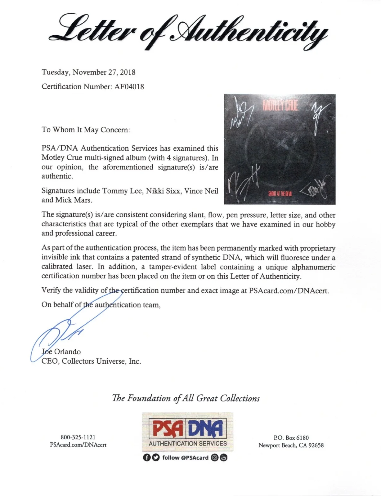 MOTLEY CRUE X4 TOMMY NIKKI VINCE & MICK SIGNED SHOUT AT THE DEVIL RECORD PSA LOA, image 4