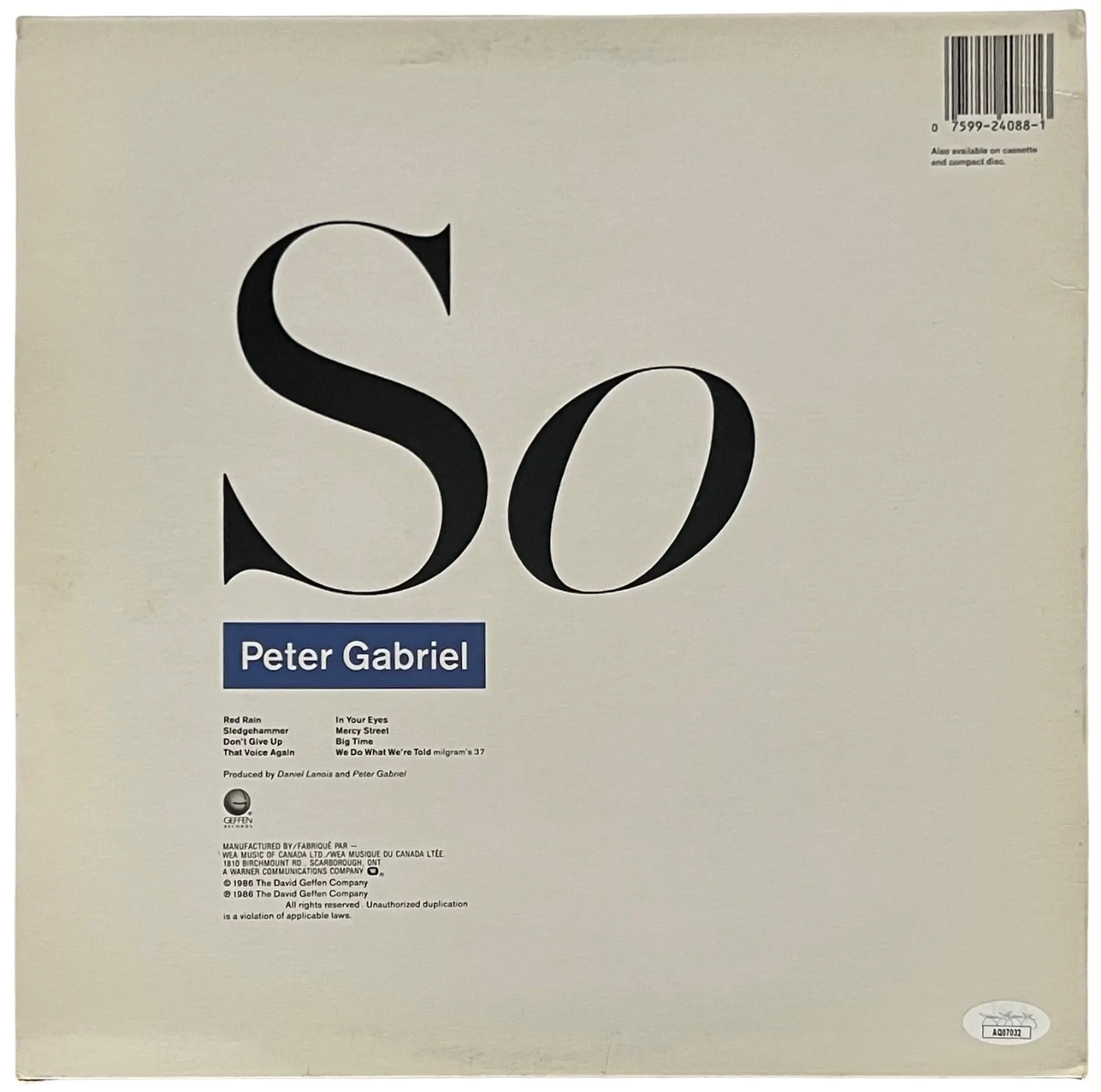 PETER GABRIEL SIGNED SO VINYL RECORD W/"HELLO" INSCRIPTION JSA COA AQ07032, изображение 2