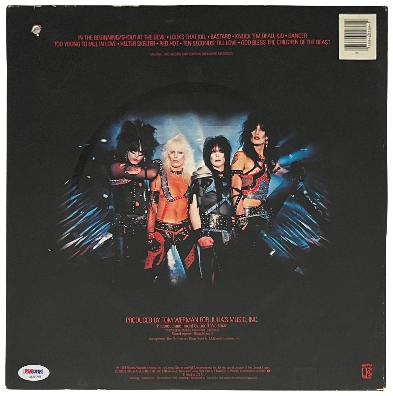 MOTLEY CRUE X4 TOMMY VINCE NIKKI & MICK SIGNED SHOUT AT THE DEVIL RECORD PSA LOA, image 2