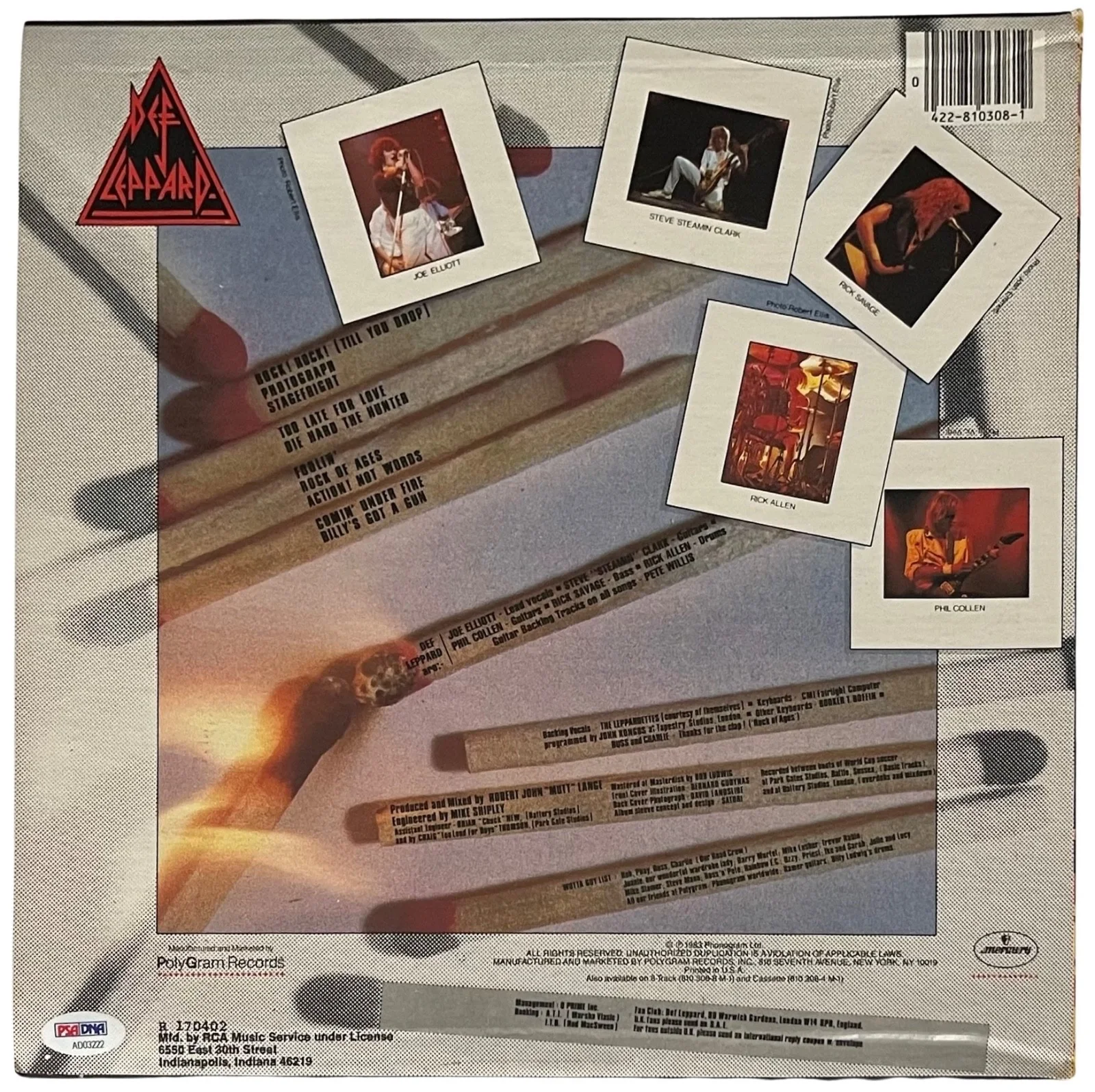 RICK ALLEN PHIL COLLEN JOE ELLIOTT RICK SAVAGE SIGNED DEF LEPPARD PYROMANIA PSA, image 2