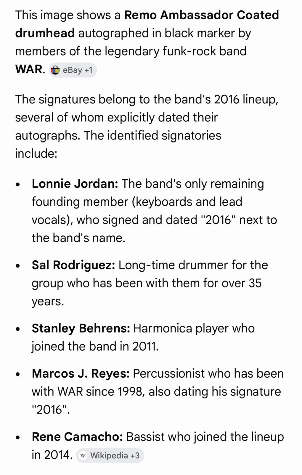 WAR Band Autographed REMO Ambassador Coated Drumhead Signed 2016, image 2