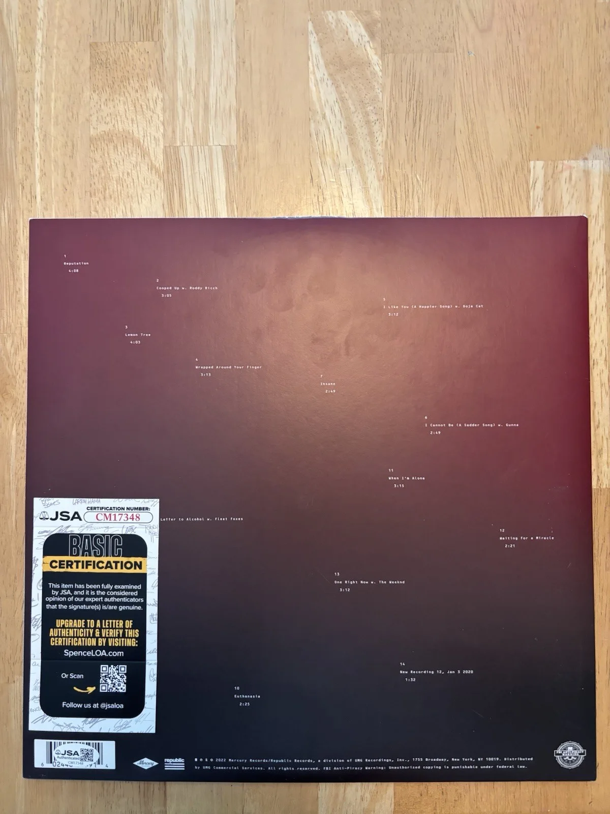 Post Malone Twelve Carat Tootache Signed Album Vinyl Austin JSA COA, image 3