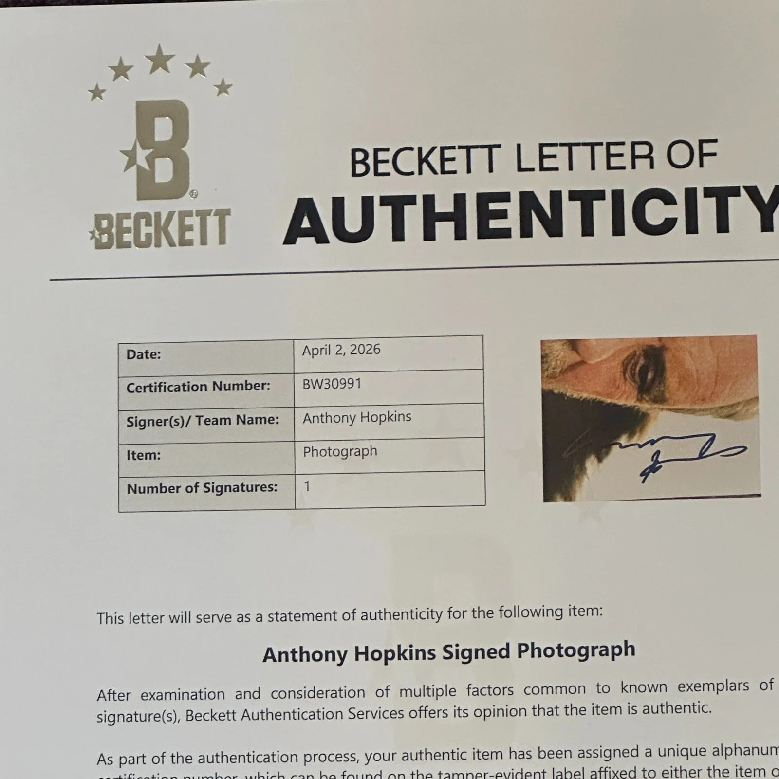 Anthony Hopkins — ANTHONY HOPKINS Signed 11x14 PHOTO with Beckett (BAS) LOA, изображение 5
