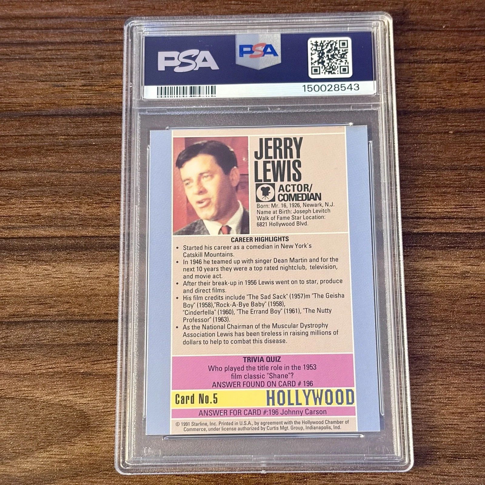 Jerry Lewis — 1991 Starline Hollywood Jerry Lewis Signed Card #5 AUTO Autograph PSA POP 3, изображение 2