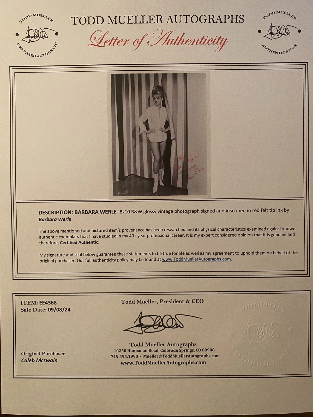Barbara Werle — Barbara Werle Signed Autographed Photo With COA Charro Harum Scarum Tickle Me, image 3