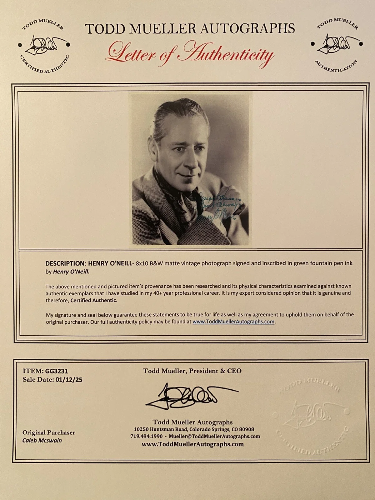 Henry ONeill, Henry O’Neill — Henry O’Neill Signed Photo With COA Holiday Affair Anchors Aweigh The Thin Man, изображение 3