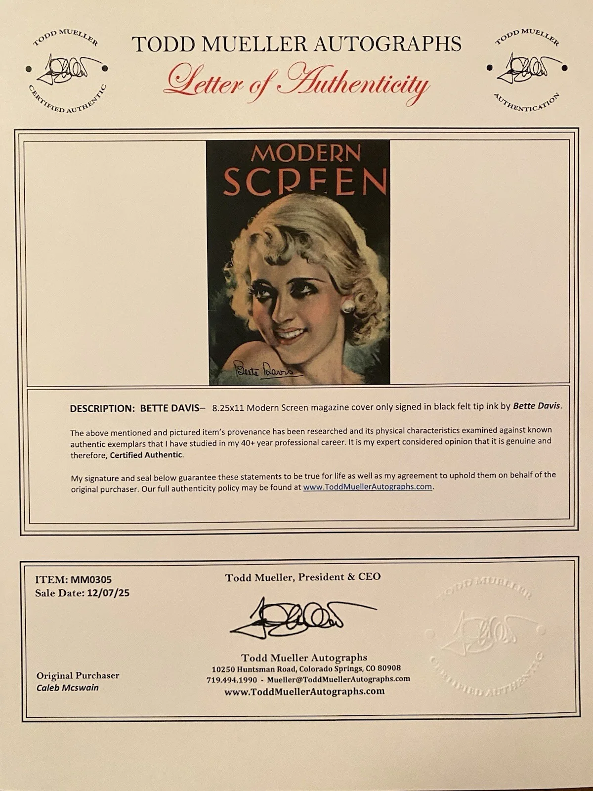 Bette Davis — Bette Davis Signed Autographed Modern Screen Vintage Magazine Cover With COA, изображение 4
