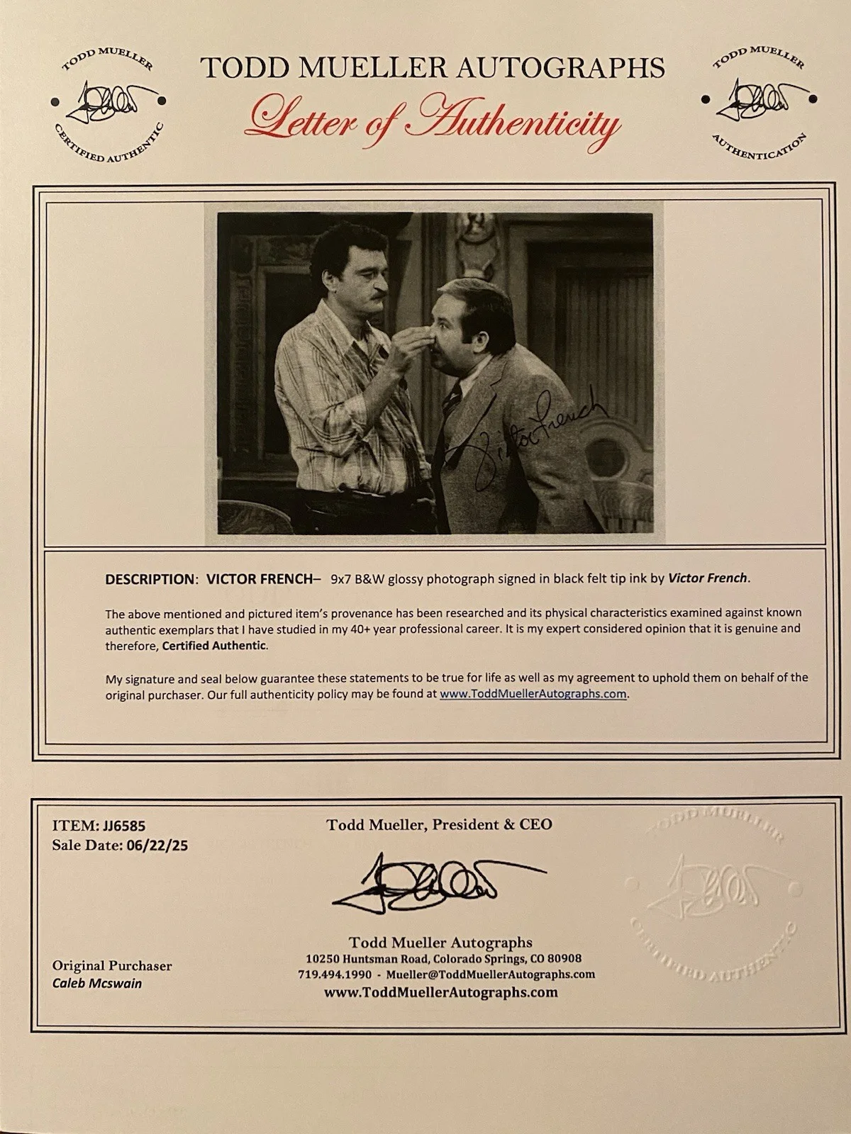 Victor French — Victor French Signed Autographed Photo With COA Carter Country Little House RARE, изображение 5