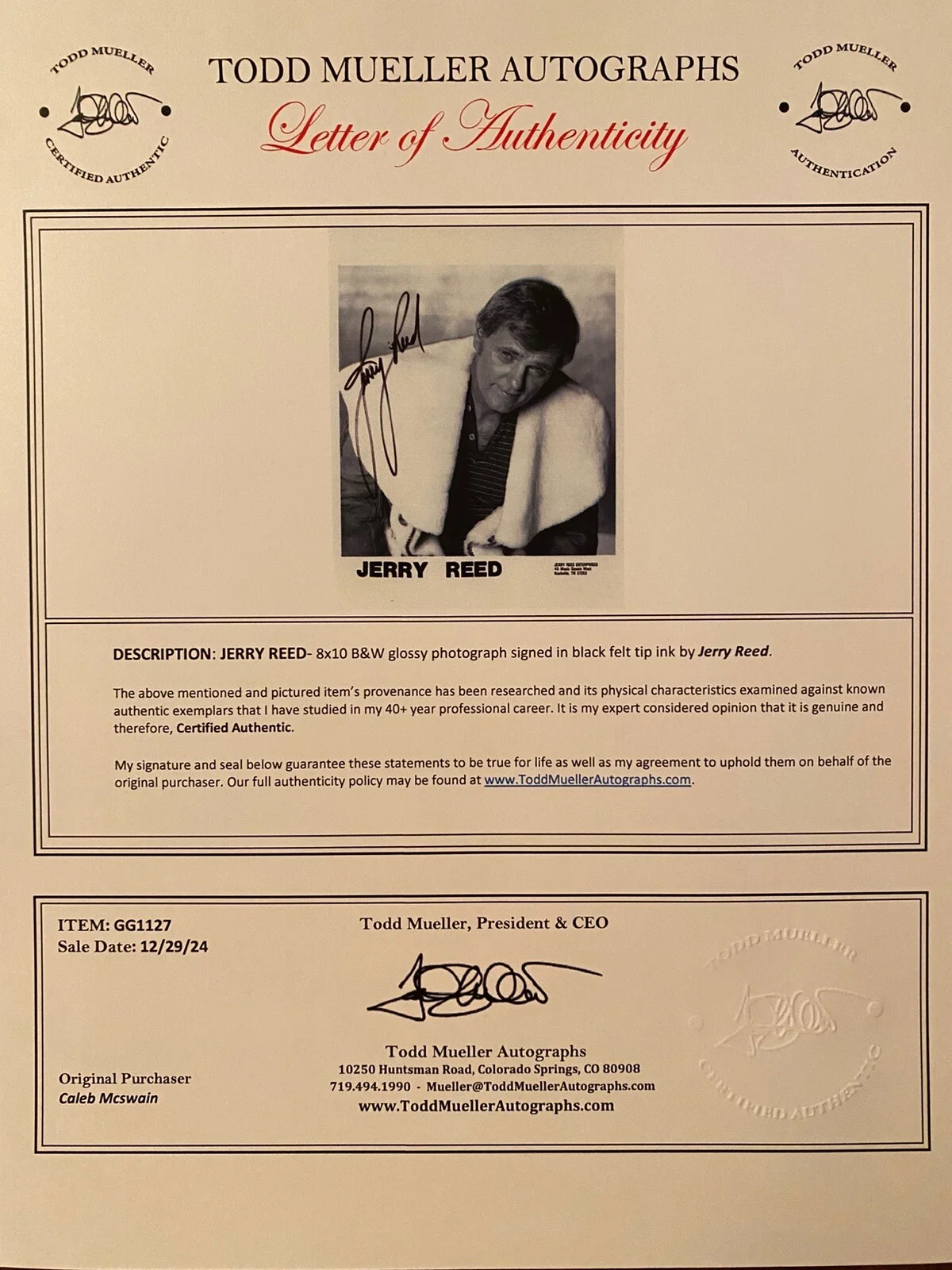 Jerry Reed — Jerry Reed Signed Autographed Photo With COA The Waterboy Smokey And The Bandit, изображение 3