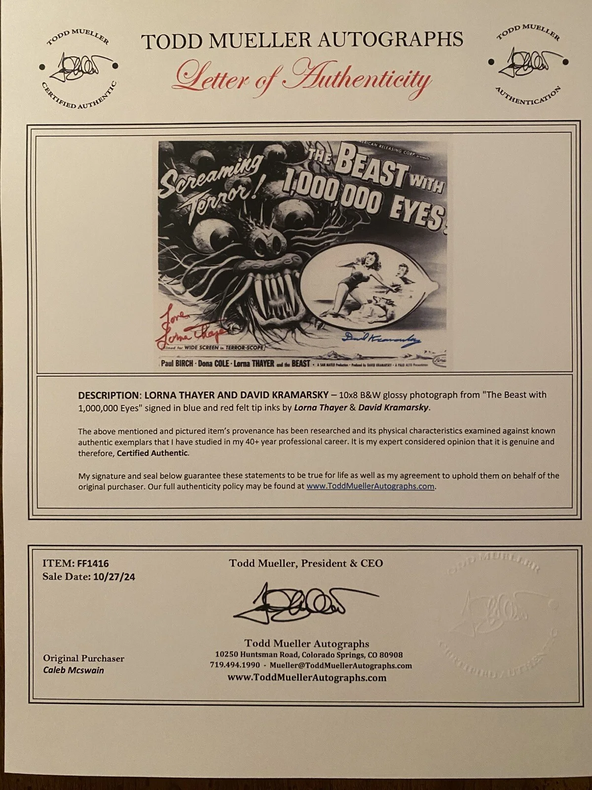 David Kramarsky, Lorna Thayer — David Kramarsky Lorna Thayer Signed Photo With COA The Beast With A Million Eyes, изображение 4