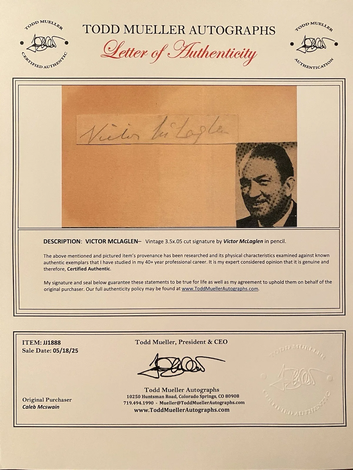 Victor McLaglen — Victor McLaglen Signed Autographed Vintage With COA The Informer The Quiet Man, image 4