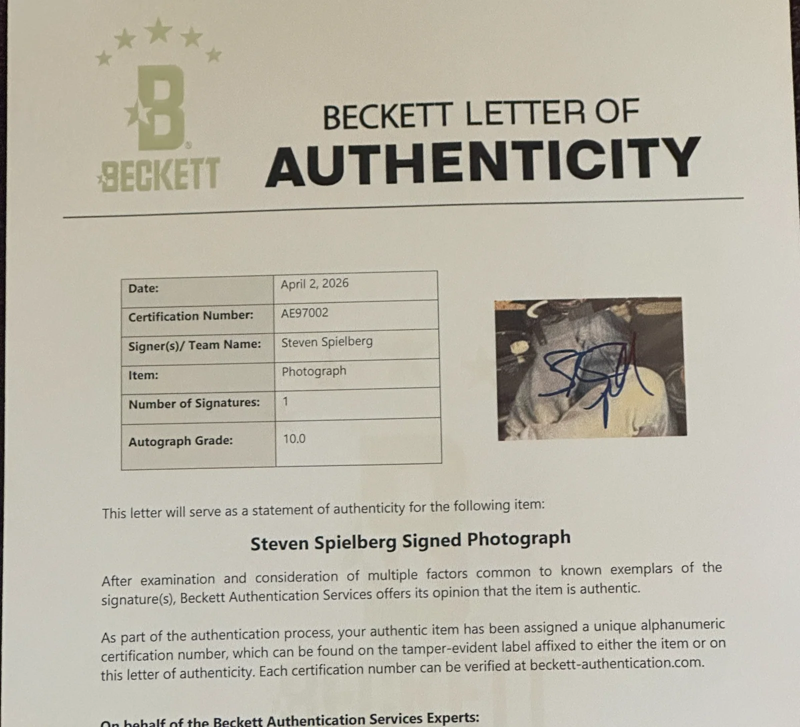 STEVEN SPIELBERG — STEVEN SPIELBERG Signed 11x14 PHOTO with Beckett (BAS) LOA AUTO 10, image 5