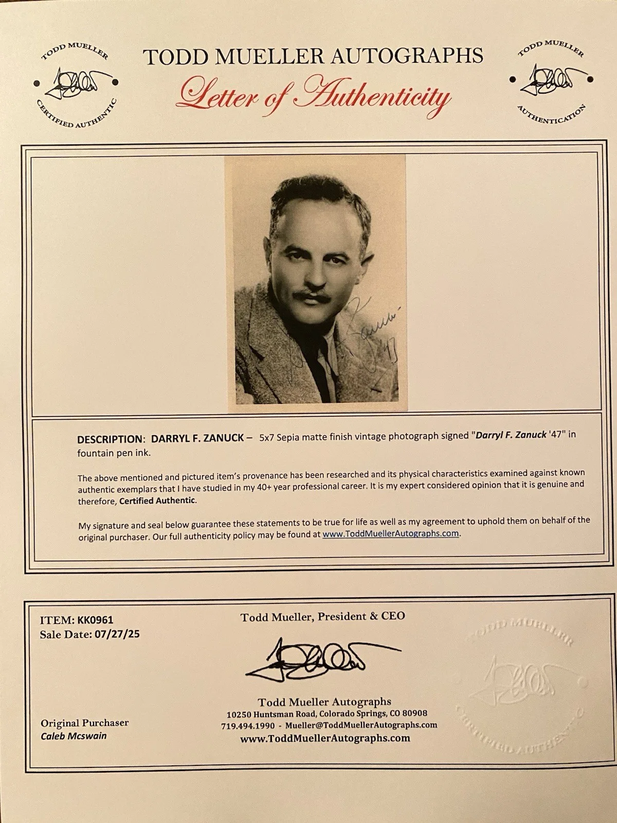 Darryl F Zanuch — Darryl F Zanuck Signed Autographed Photo With COA Movie Mogul 20th Century Fox, изображение 4