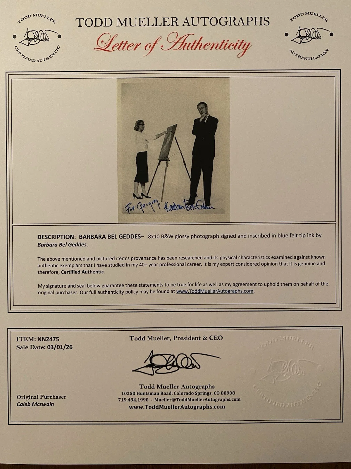 Barbara Bel Geddes — Barbara Bel Geddes Signed Autographed Photo with Jimmy Stewart With COA Vertigo, изображение 4