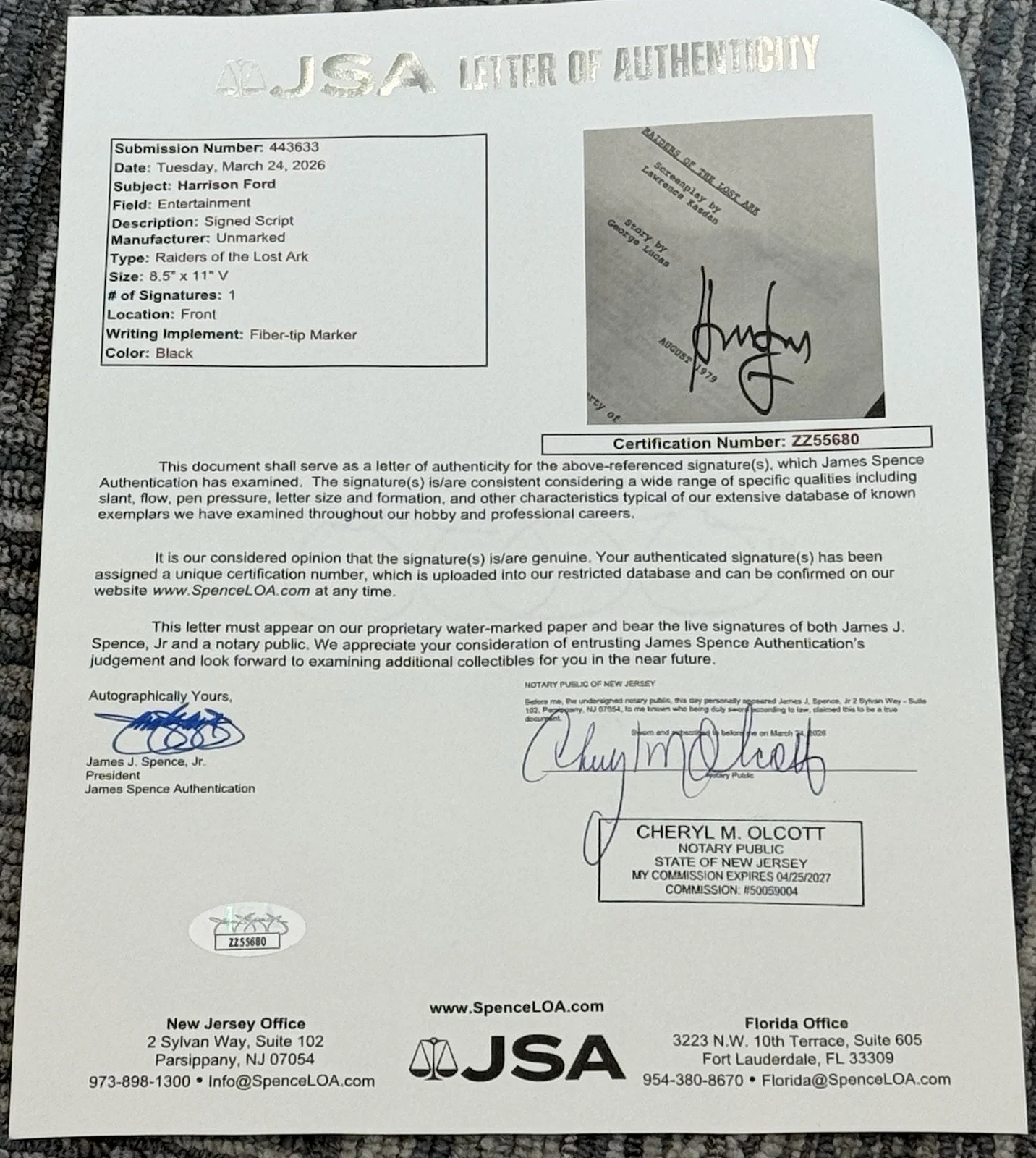 Harrison Ford — Harrison Ford Signed Autograph Indiana Jones Raiders of Lost Ark Script JSA LOA, изображение 3