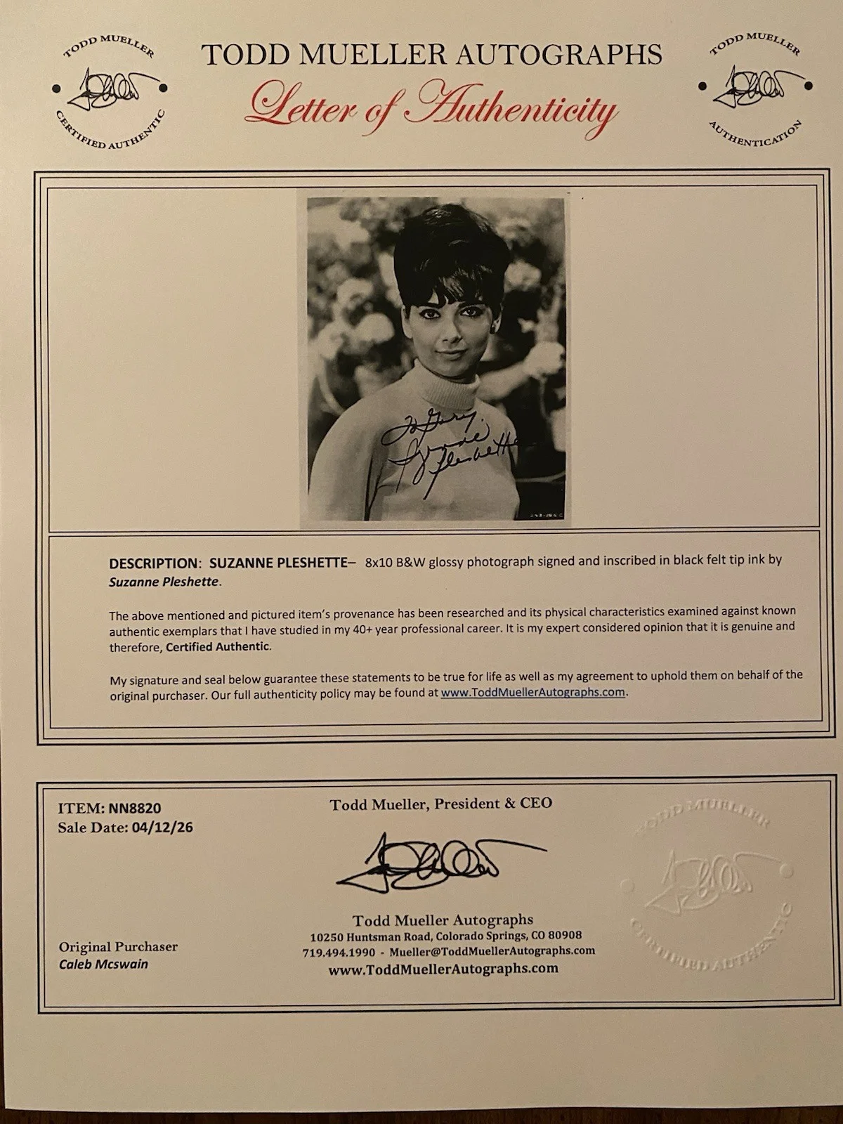 Suzanne Pleshette — Suzanne Pleshette Signed Autographed Photo With COA The Ugly Dachshund The Birds, изображение 4